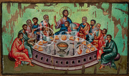 The Last Supper Orthodox icon, Jesus Christ icon, Handmade Byzantine art of Holy Communion canvas on wood plaque 38x25cm, religious decor - TheHolyArt
