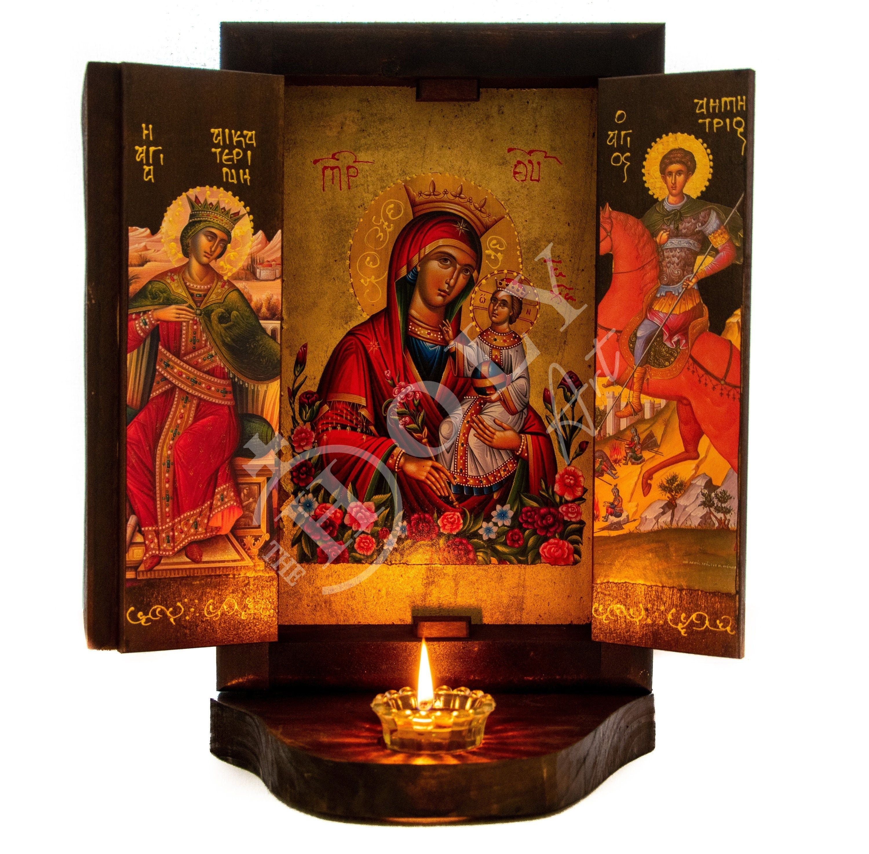 Christian Iconostasis with Holy Virgin Mary 30x22cm, Handmade Orthodox shrine of Our Lady top Byzantine altar wall hanging wood plaque gift