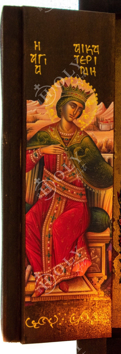 Christian Iconostasis with Virgin Mary St Catherine St Demetrius, Handmade Mount Athos Orthodox Icon,Byzantine art wall hanging wood plaque - TheHolyArt
