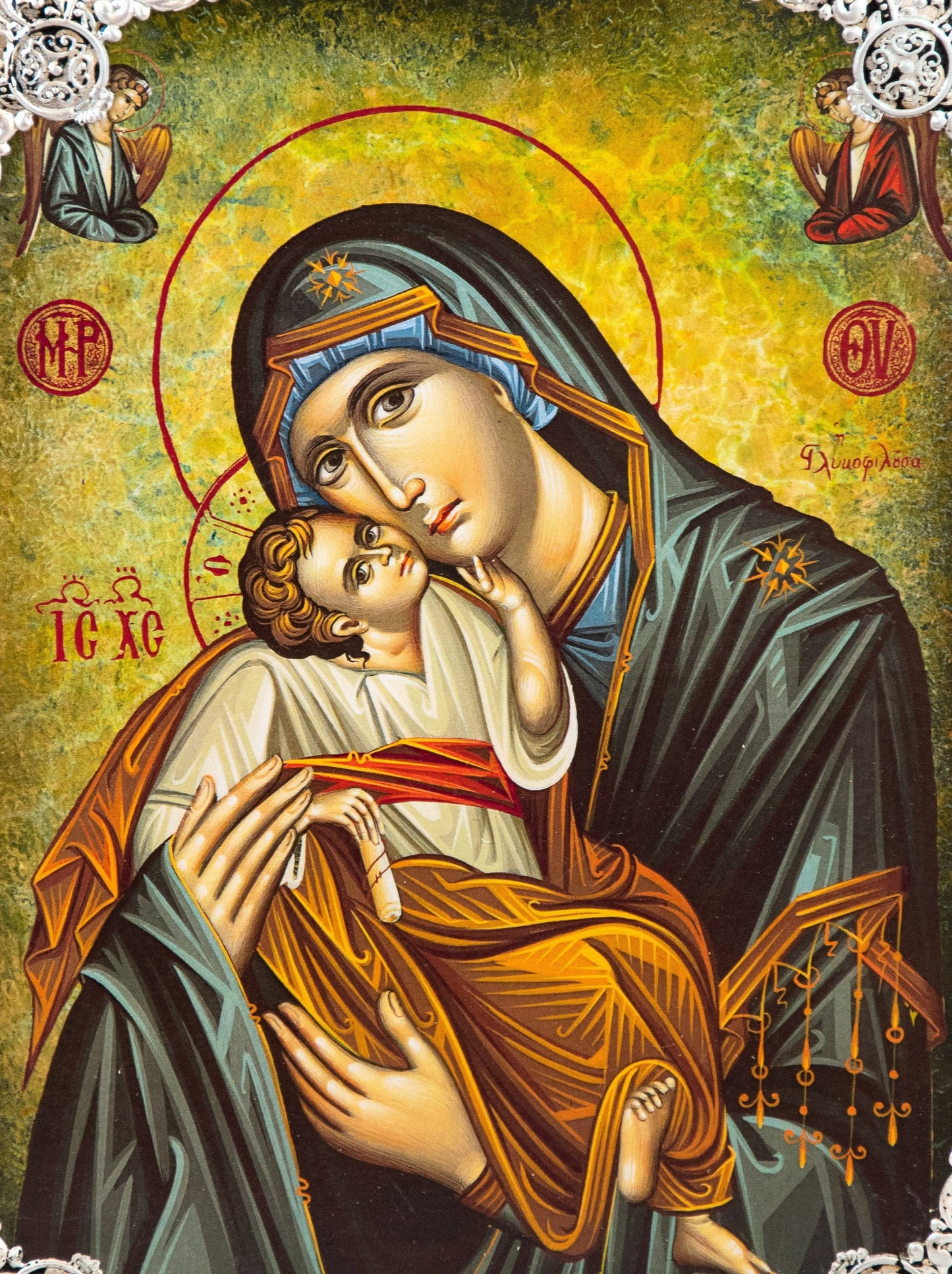 Virgin Mary icon Panagia Glykophilousa, Handmade Greek Orthodox icon of Theotokos, Mother of God Byzantine art wall hanging wood plaque icon TheHolyArt
