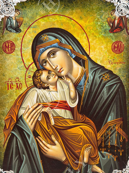 Virgin Mary icon Panagia Glykophilousa, Handmade Greek Orthodox icon of Theotokos, Mother of God Byzantine art wall hanging wood plaque icon - TheHolyArt