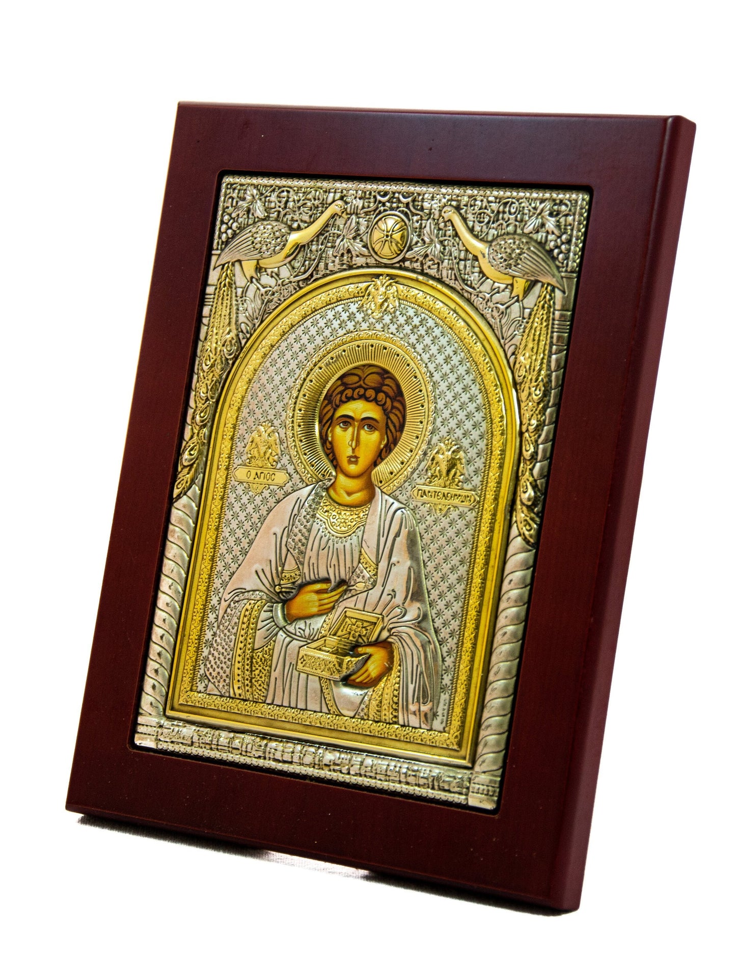 Saint Panteleimon icon, Handmade Silver Greek Orthodox icon of Saint Pantaleon, Byzantine art wall hanging wood plaque icon, religious gift TheHolyArt