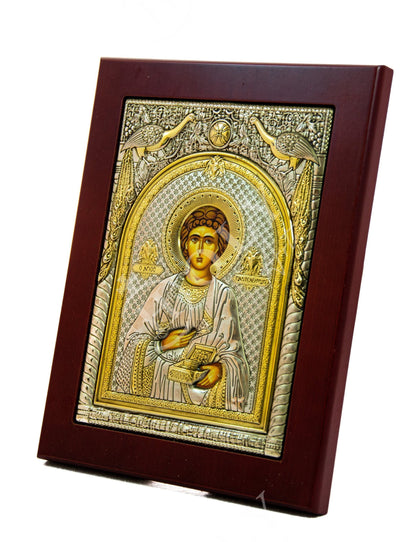 Saint Panteleimon icon, Handmade Silver Greek Orthodox icon of Saint Pantaleon, Byzantine art wall hanging wood plaque icon, religious gift - TheHolyArt