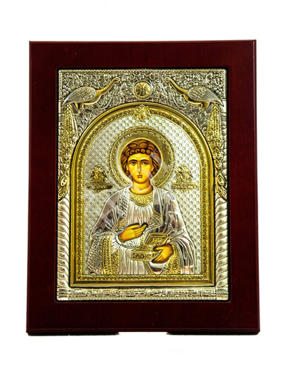 Saint Panteleimon icon, Handmade Silver Greek Orthodox icon of Saint Pantaleon, Byzantine art wall hanging wood plaque icon, religious gift - TheHolyArt