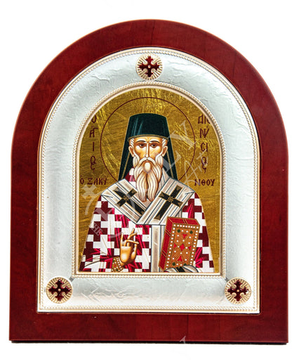 Saint Dionysius of Zakynthos icon, Handmade Silver Greek Orthodox icon of St Dionysios, Byzantine art wall hanging religious wood plaque - TheHolyArt
