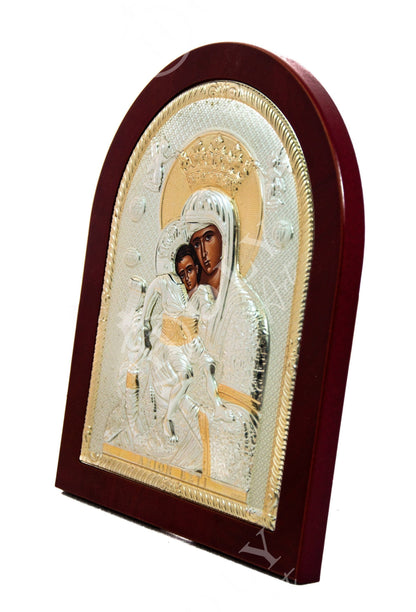 Virgin Mary icon Axion Esti, Handmade Silver Greek Orthodox Icon, Mother of God Byzantine art, Theotokos handmade wall hanging wood plaque - TheHolyArt