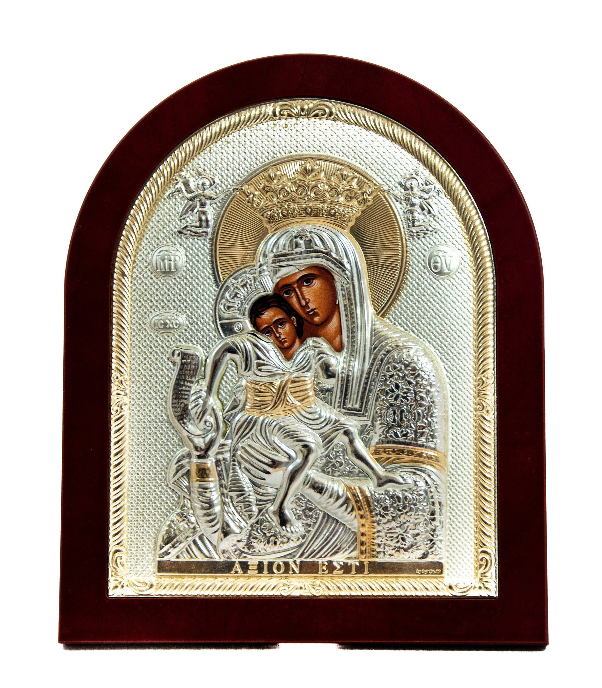 Virgin Mary icon Axion Esti, Handmade Silver Greek Orthodox Icon, Mother of God Byzantine art, Theotokos handmade wall hanging wood plaque TheHolyArt