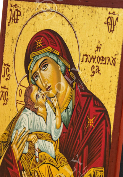 Hand painted Virgin Mary icon Panagia Glykophilousa, Handmade Greek Orthodox icon w/ gold leaf 22k of Theotokos, Byzantine art wall hanging - TheHolyArt