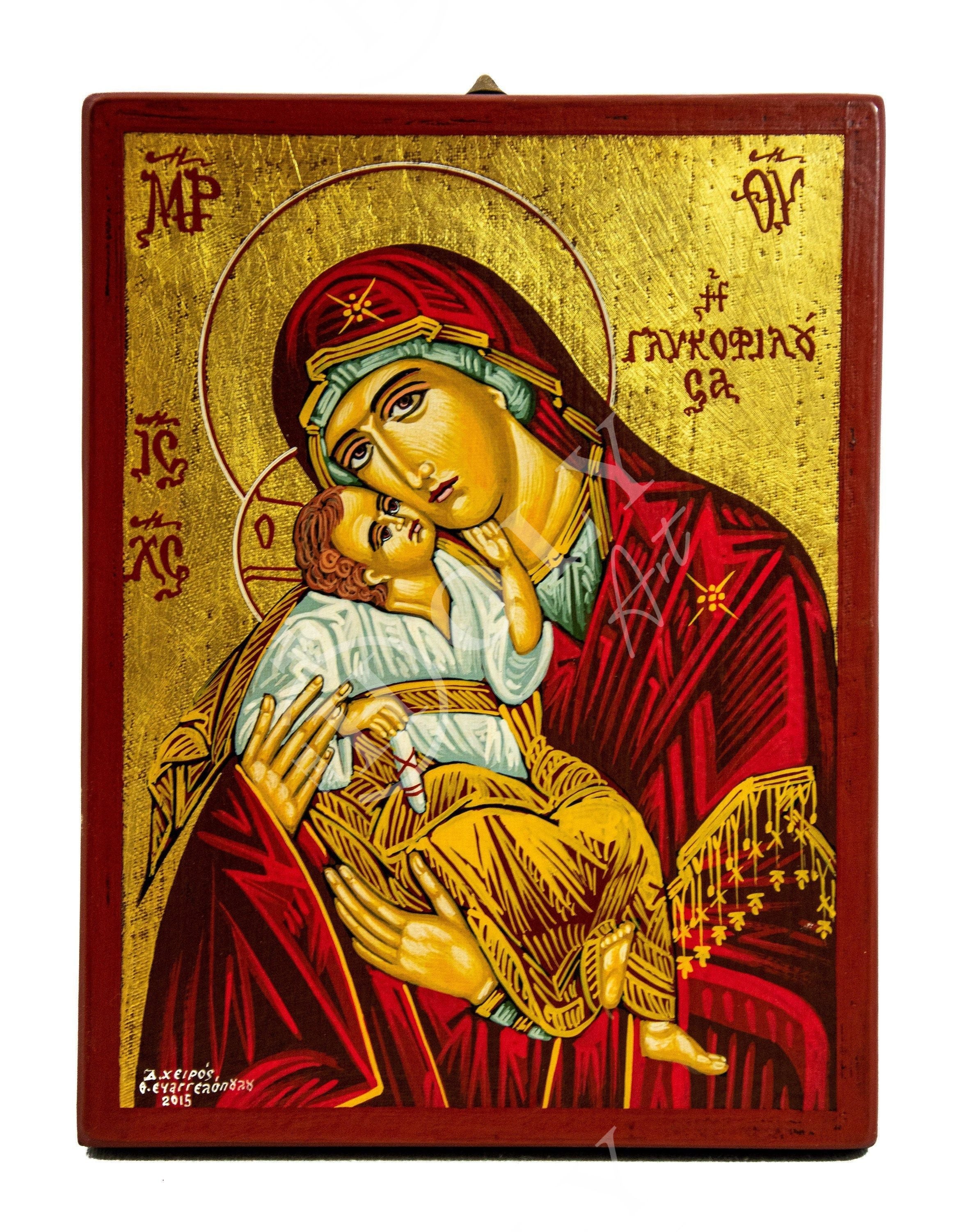 Icon outlet silk prints wood carving with gold leaf Virgin Mary Glykofilousa 24cmx 34cm