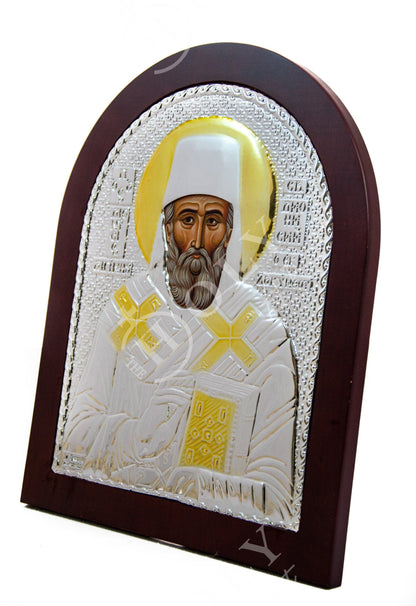 Saint Dionysius of Zakynthos icon, Handmade Silver Greek Orthodox icon of St Dionysios, Byzantine art wall hanging religious wood plaque - TheHolyArt