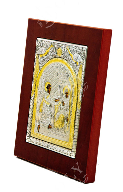 The Annunciation of Virgin Mary icon, Handmade Silver Greek Orthodox Icon of Mother of God, Theotokos Byzantine art wall hanging wood plaque - TheHolyArt