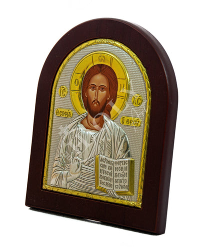 Jesus Christ icon, Handmade Silver Greek Orthodox icon of our Lord, Byzantine art wall hanging on wood plaque, religious icon home decor - TheHolyArt