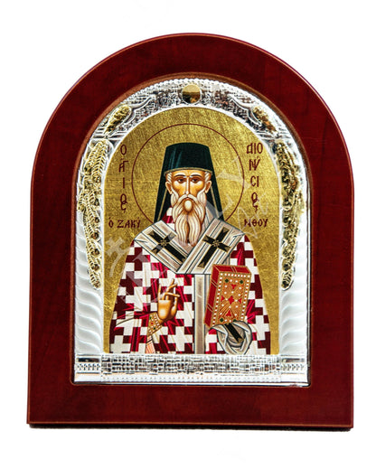 Saint Dionysius of Zakynthos icon, Handmade Silver Greek Orthodox icon of St Dionysios, Byzantine art wall hanging religious wood plaque - TheHolyArt