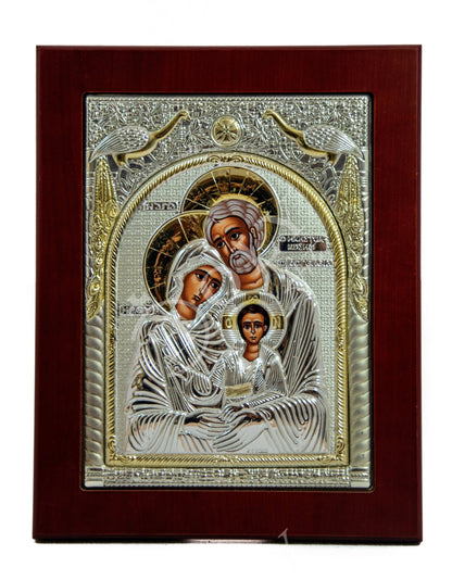 The Holy Family icon, Handmade Silver Greek Orthodox icon 24x18cm, Byzantine art wall hanging on wood plaque icon, religious icon home decor - TheHolyArt