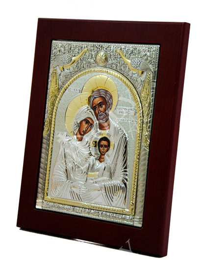 The Holy Family icon, Handmade Silver Greek Orthodox icon 24x18cm, Byzantine art wall hanging on wood plaque icon, religious icon home decor - TheHolyArt