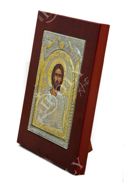 Jesus Christ icon, Handmade Silver Greek Orthodox icon of our Lord, Byzantine art wall hanging on wood plaque, religious icon home decor - TheHolyArt
