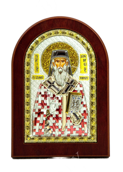 Saint Dionysius of Zakynthos icon, Handmade Silver Greek Orthodox icon of St Dionysios, Byzantine art wall hanging religious wood plaque - TheHolyArt