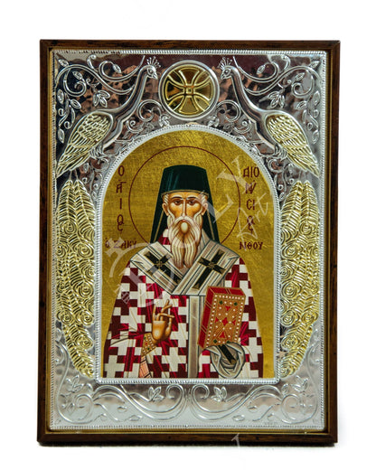 Saint Dionysius of Zakynthos icon, Handmade Silver Greek Orthodox icon of St Dionysios, Byzantine art wall hanging religious wood plaque - TheHolyArt