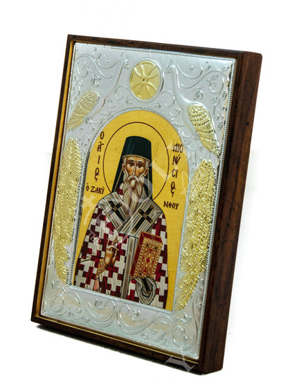 Saint Dionysius of Zakynthos icon, Handmade Silver Greek Orthodox icon of St Dionysios, Byzantine art wall hanging religious wood plaque - TheHolyArt