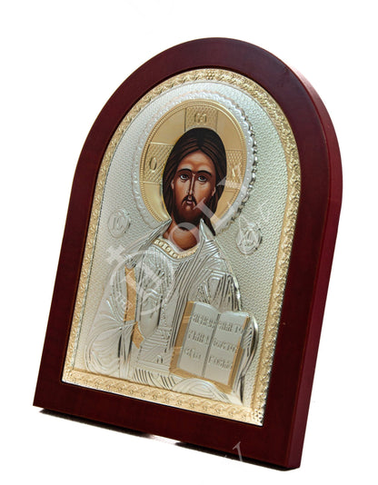 Jesus Christ icon, Handmade Silver Greek Orthodox icon of our Lord, Byzantine art wall hanging on wood plaque, religious icon home decor - TheHolyArt