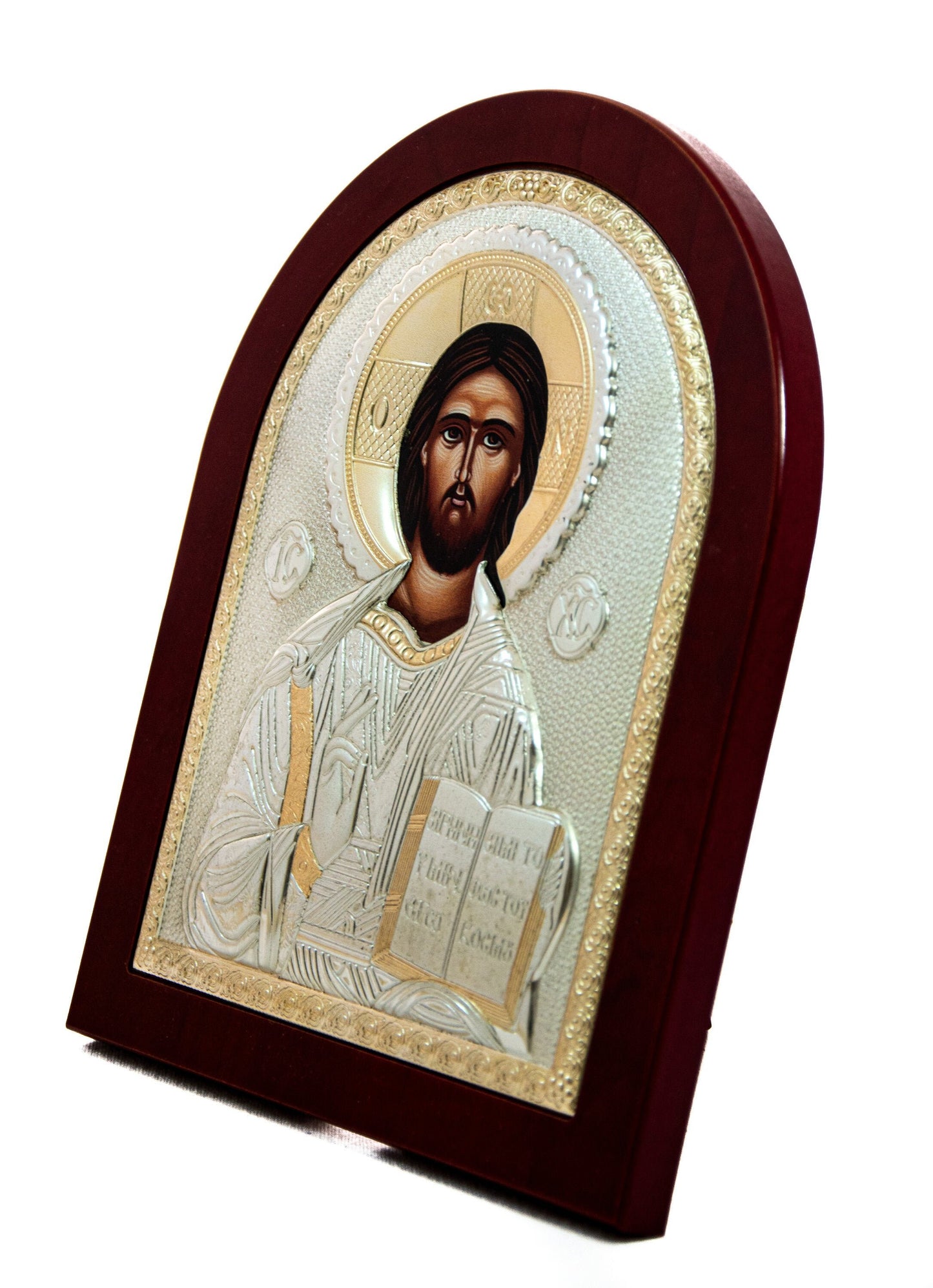 Jesus Christ icon, Handmade Silver Greek Orthodox icon of our Lord, Byzantine art wall hanging on wood plaque, religious icon home decor TheHolyArt
