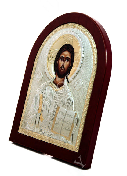 Jesus Christ icon, Handmade Silver Greek Orthodox icon of our Lord, Byzantine art wall hanging on wood plaque, religious icon home decor - TheHolyArt