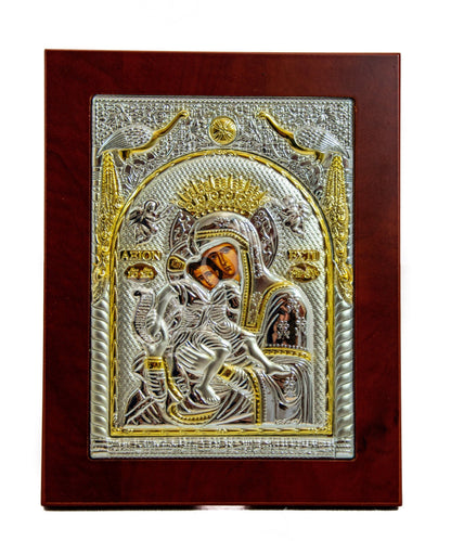 Virgin Mary icon Axion Esti, Handmade Silver Greek Orthodox Icon, Mother of God Byzantine art, Theotokos handmade wall hanging wood plaque - TheHolyArt