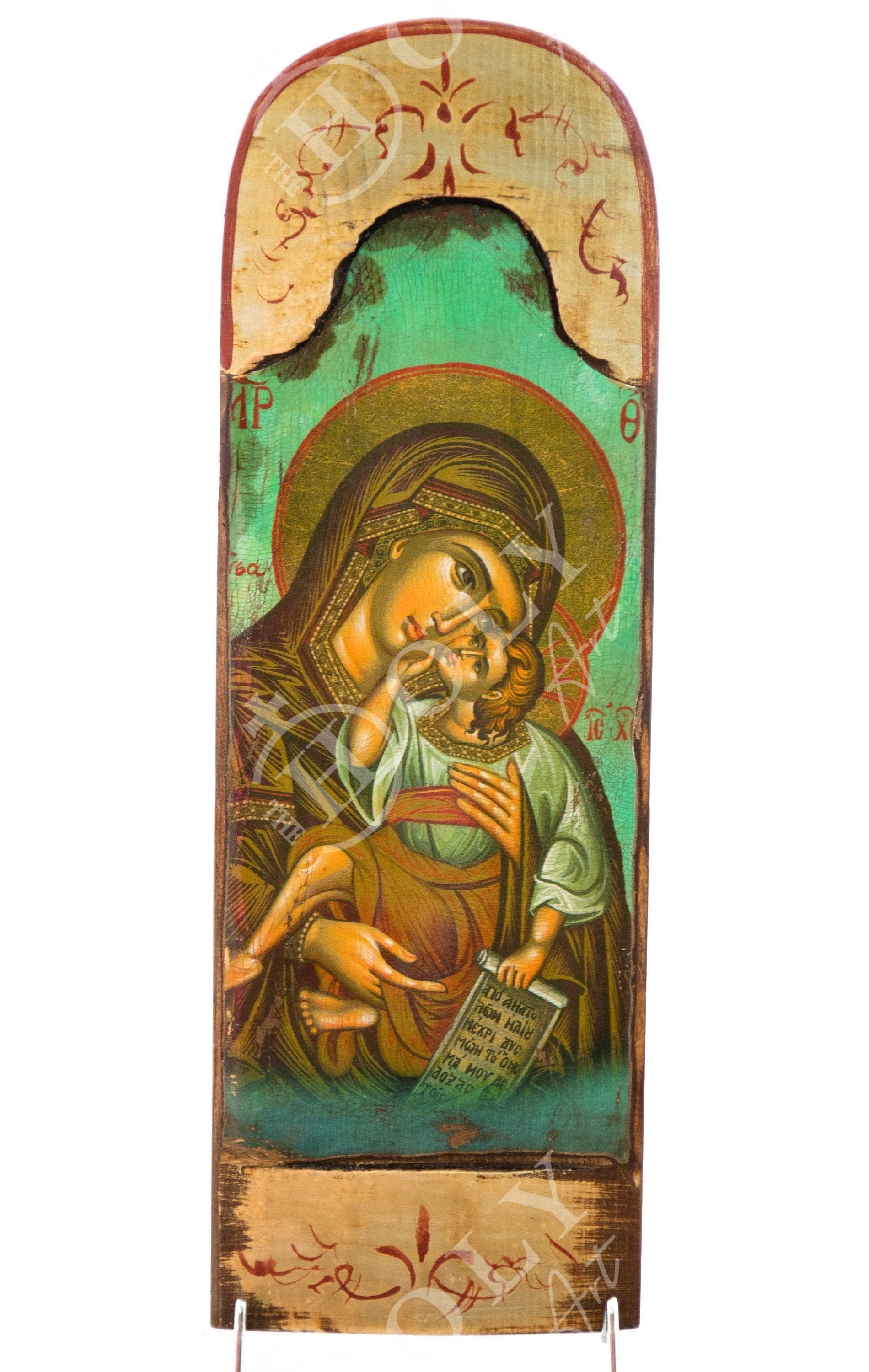 Virgin Mary icon Panagia, Handmade Greek Orthodox icon Theotokos, good Mother of God Byzantine art wall hanging wood plaque canvas icon 40x13cm