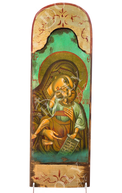 Virgin Mary icon Panagia, Handmade Greek Orthodox icon Theotokos, Mother of God Byzantine art wall hanging wood plaque canvas icon 40x13cm - TheHolyArt
