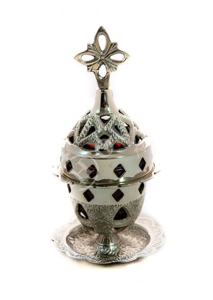 Christian Brass Table Oil Vigil Lamp with Cross, Hand-painted Prayer Standing Oil Lamp, Orthodox Oil Candle with glass cup, religious decor - TheHolyArt