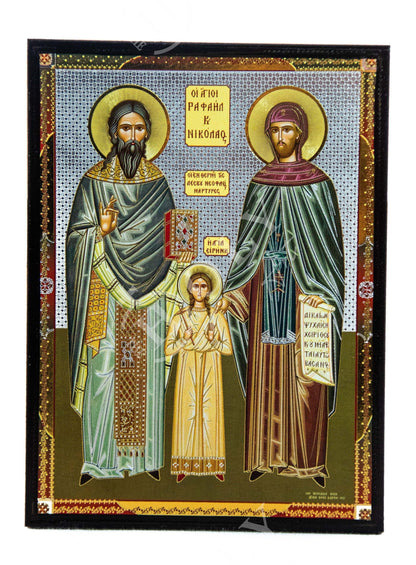 Saint Raphael Saint Nicholas Saint Irene icon Lesvos, Byzantine art wall hanging, Handmade Greek Orthodox icon wood plaque, religious gift - TheHolyArt