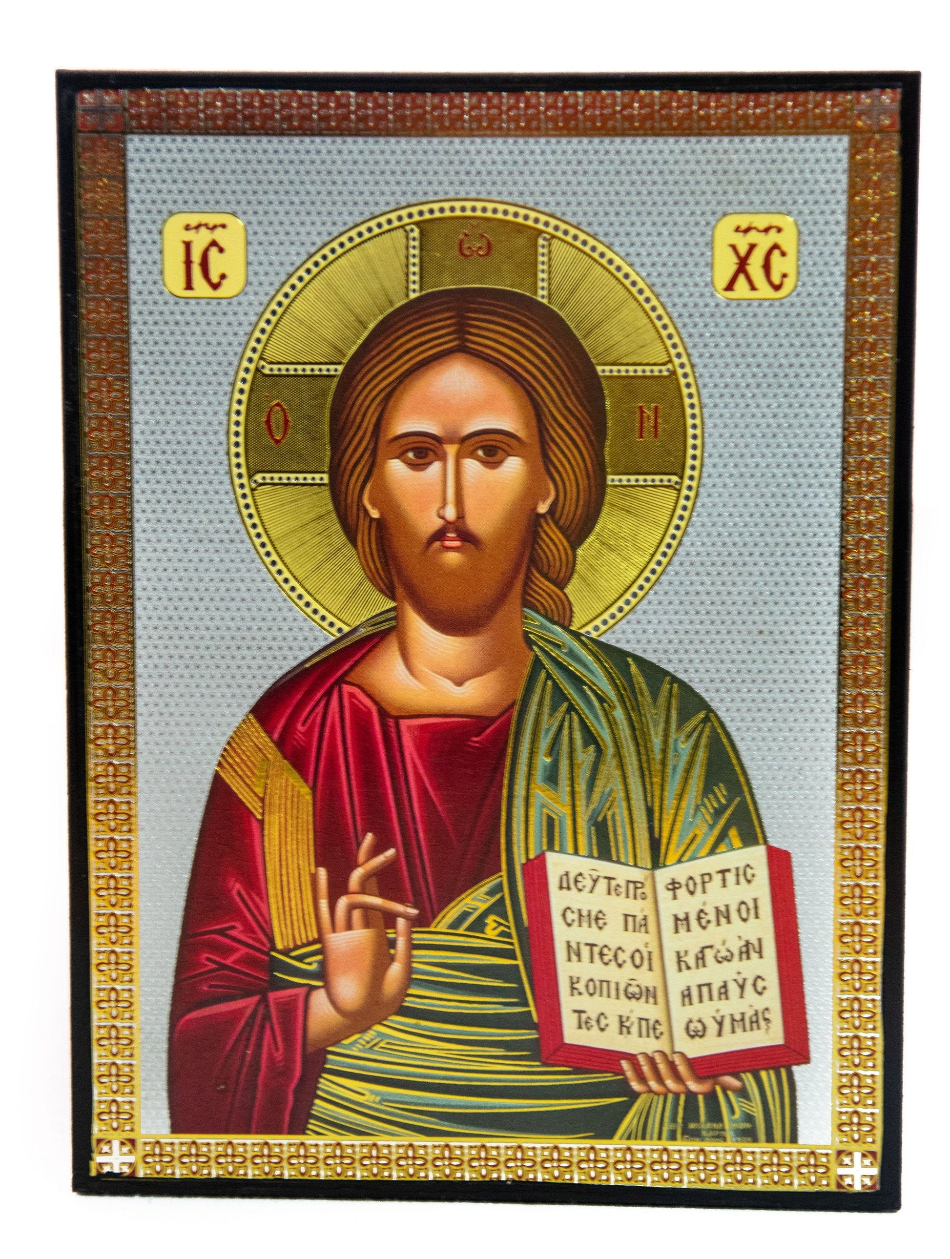 Jesus Christ icon, Handmade Greek Orthodox icon of our Lord, Byzantine art wall hanging on wood plaque, religious icon home decor 22x16cm TheHolyArt