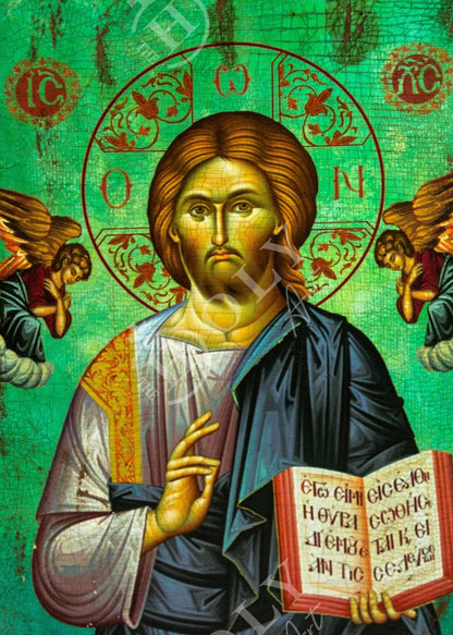 Jesus Christ icon, Handmade Greek Orthodox icon of our Lord, Byzantine art wall hanging on wood plaque canvas icon home decor 38x19cm - TheHolyArt