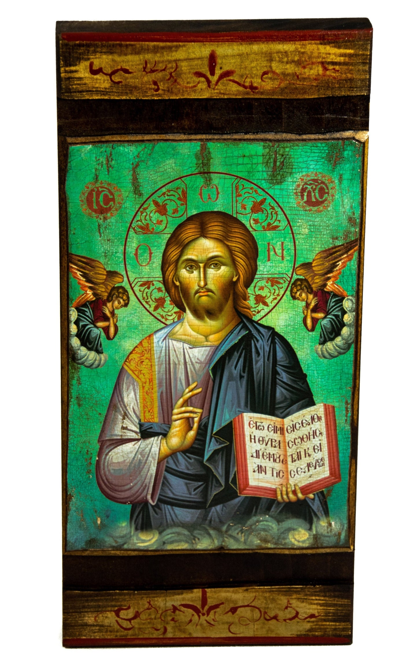 Jesus Christ icon, Handmade Greek Orthodox icon of our Lord, Byzantine art wall hanging on wood plaque canvas icon home decor 38x19cm TheHolyArt