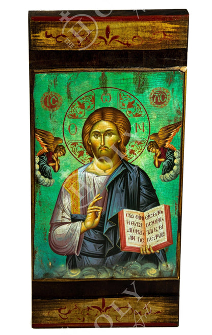 Jesus Christ icon, Handmade Greek Orthodox icon of our Lord, Byzantine art wall hanging on wood plaque canvas icon home decor 38x19cm - TheHolyArt