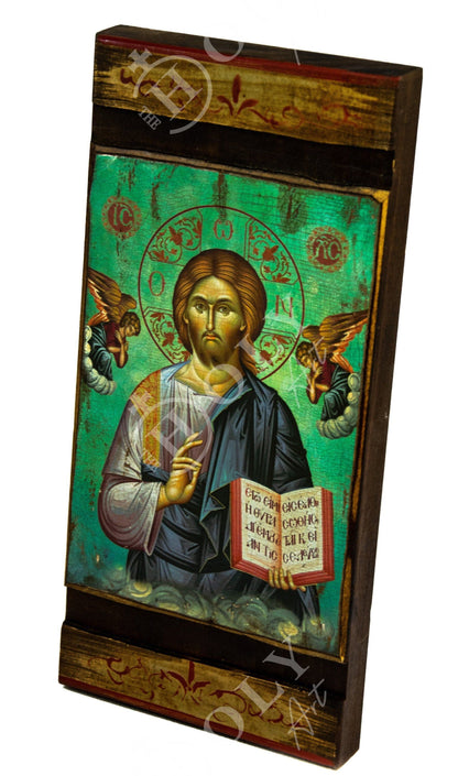 Jesus Christ icon, Handmade Greek Orthodox icon of our Lord, Byzantine art wall hanging on wood plaque canvas icon home decor 38x19cm - TheHolyArt