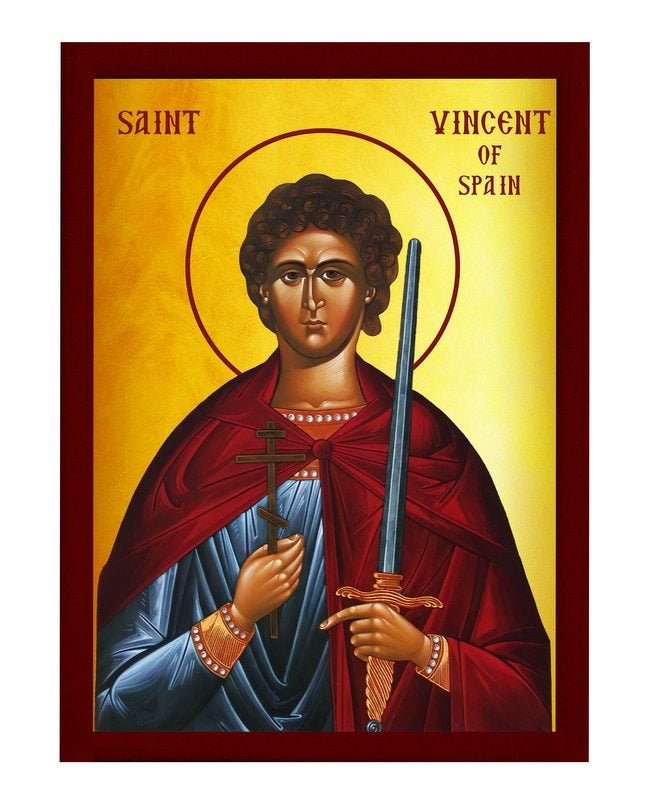 Saint Vincent of Spain icon, Handmade Greek Orthodox Catholic icon of St Vincent, Byzantine art wall hanging icon on wood plaque decor TheHolyArt