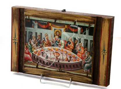 The Last Supper Orthodox icon, Jesus Christ icon, Handmade canvas Byzantine art wall hanging of Holy Communion wood plaque 38x25cm, religious decor - TheHolyArt