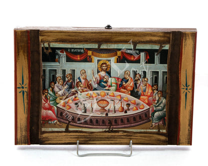 The Last Supper Orthodox icon, Jesus Christ icon, Handmade canvas Byzantine art wall hanging of Holy Communion wood plaque 38x25cm, religious decor - TheHolyArt