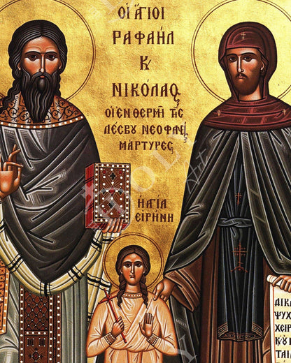 Saint Raphael Saint Nicholas Saint Irene icon Lesvos, Byzantine art wall hanging, Handmade Greek Orthodox icon wood plaque, religious gift(2) - TheHolyArt