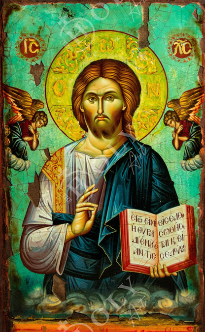 Jesus Christ icon, Handmade Greek Orthodox icon of our Lord, Byzantine art wall hanging canvas icon wood plaque 37x24cm, religious decor - TheHolyArt