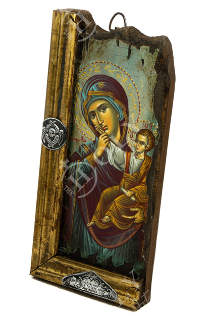 Virgin Mary icon Panagia, Handmade Greek Orthodox icon Theotokos, Mother of God Byzantine art wall hanging canvas icon wood plaque 34x16cm - TheHolyArt
