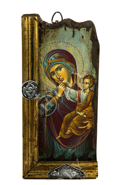 Virgin Mary icon Panagia, Handmade Greek Orthodox icon Theotokos, Mother of God Byzantine art wall hanging canvas icon wood plaque 34x16cm - TheHolyArt
