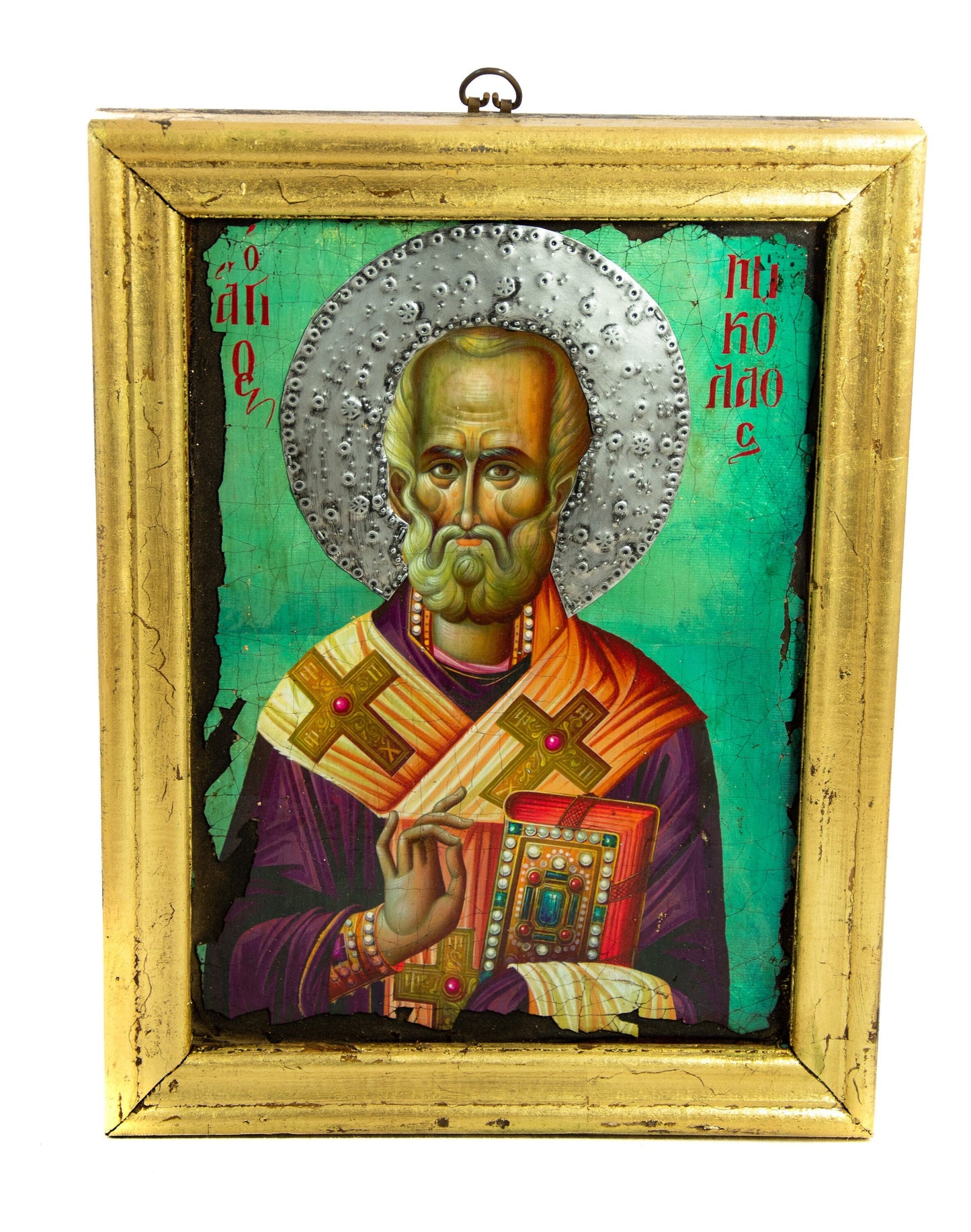 Saint Nicholas icon, Handmade Greek Orthodox icon of St Nick, Byzantine art wall hanging gold leaf wood plaque icon 40x30cm, religious gift TheHolyArt