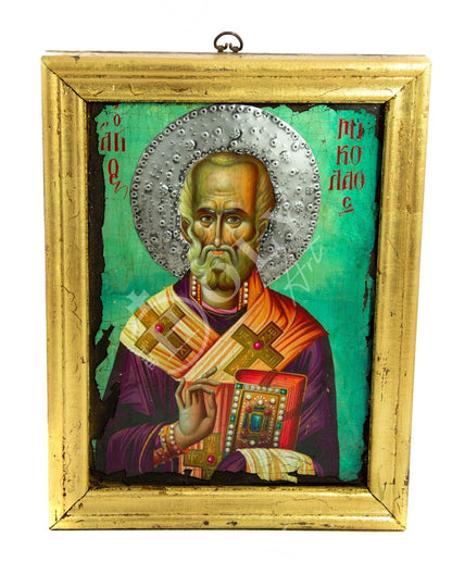 Saint Nicholas icon, Handmade Greek Orthodox icon of St Nick, Byzantine art wall hanging gold leaf wood plaque icon 40x30cm, religious gift - TheHolyArt