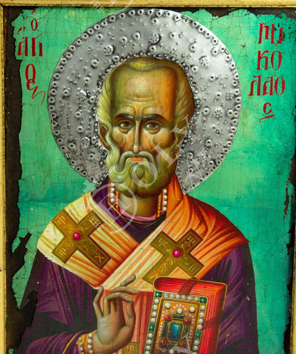 Saint Nicholas icon, Handmade Greek Orthodox icon of St Nick, Byzantine art wall hanging gold leaf wood plaque icon 40x30cm, religious gift - TheHolyArt