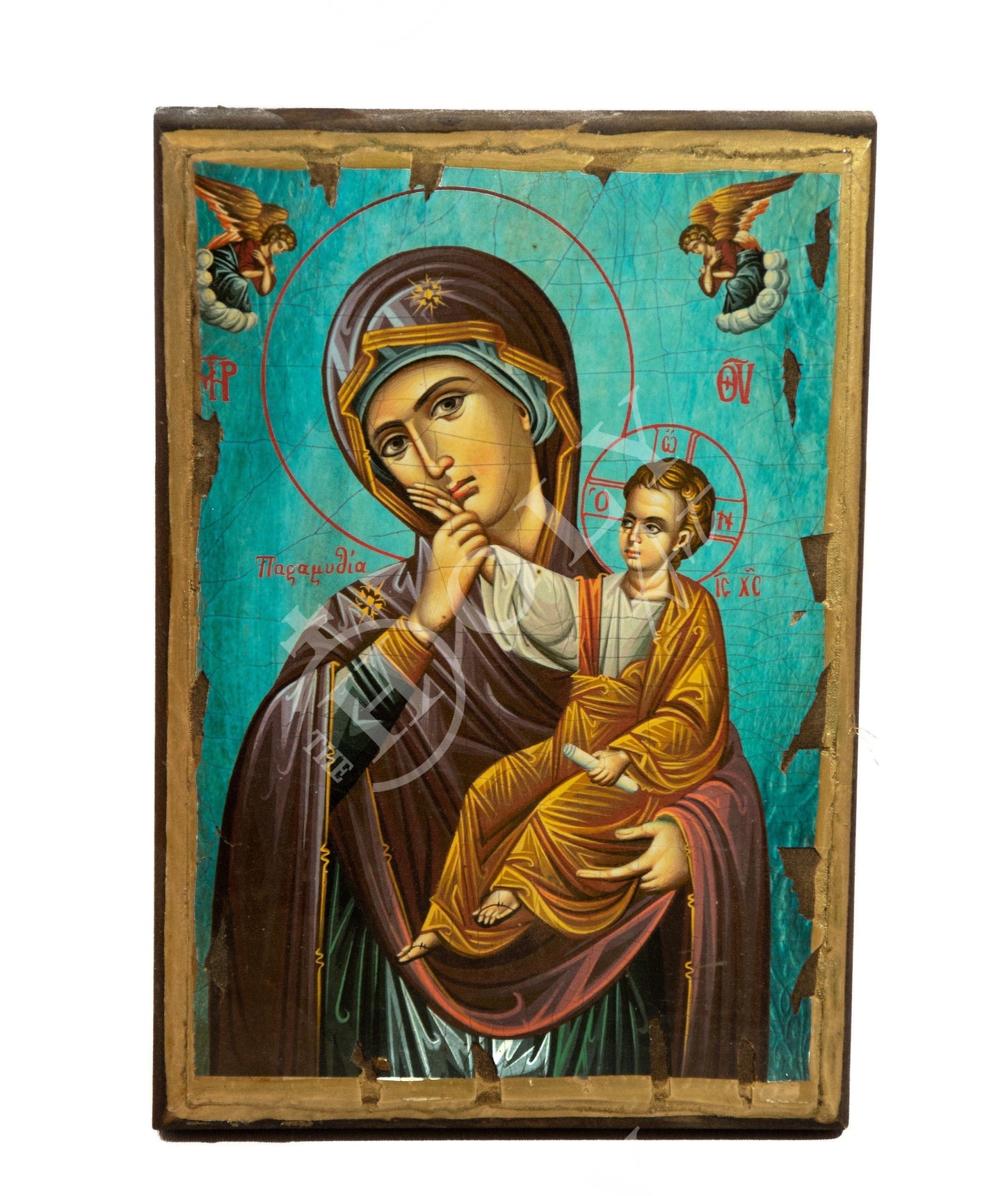 Virgin Mary icon Paramythia, Handmade Greek Orthodox Icon of Mother of God Byzantine art wall hanging wood plaque on canvas 30x20cm gift TheHolyArt