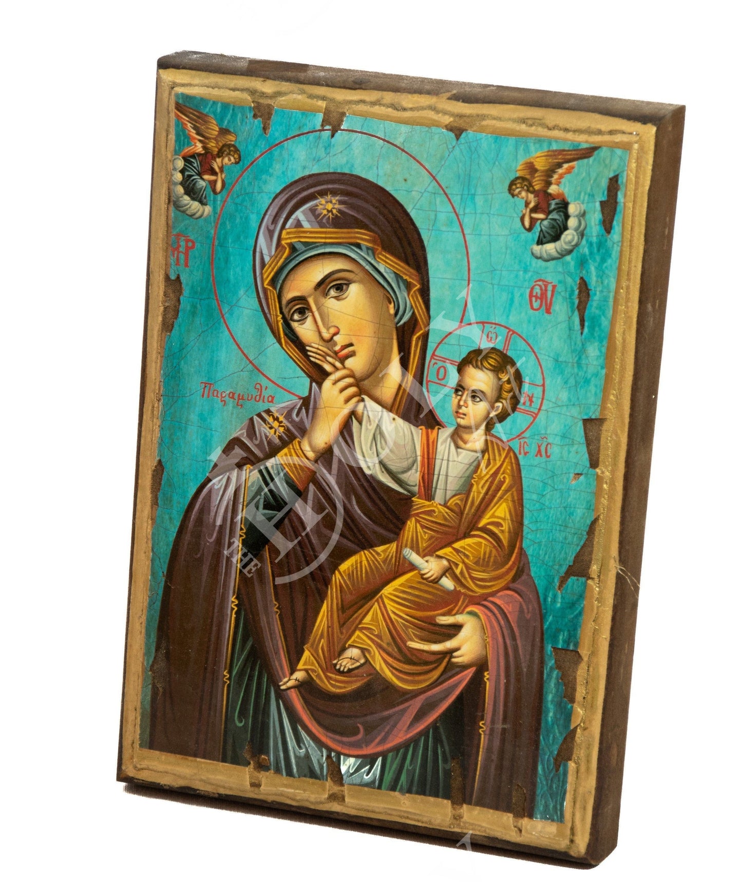 Virgin Mary icon Paramythia, Handmade Greek Orthodox Icon of Mother of God Byzantine art wall hanging wood plaque on canvas 30x20cm gift TheHolyArt