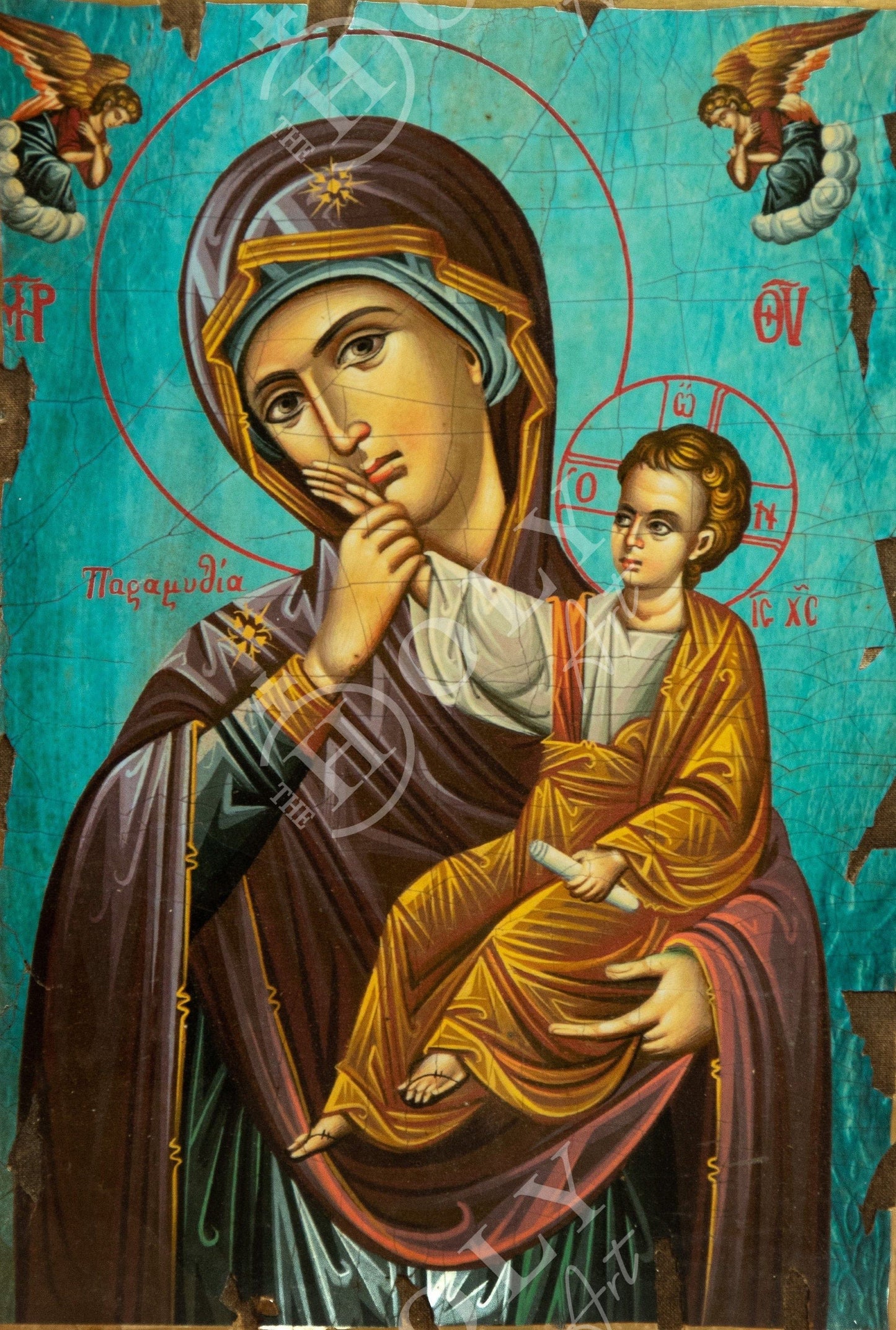 Virgin Mary icon Paramythia, Handmade Greek Orthodox Icon of Mother of God Byzantine art wall hanging wood plaque on canvas 30x20cm gift TheHolyArt