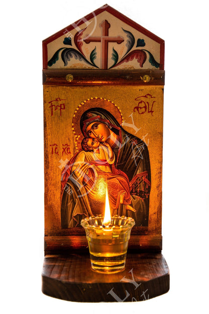 Christian Iconostasis with Virgin Mary, Handmade Mount Athos Orthodox shrine with Mother of God,Byzantine altar wall hanging wood plaque - TheHolyArt